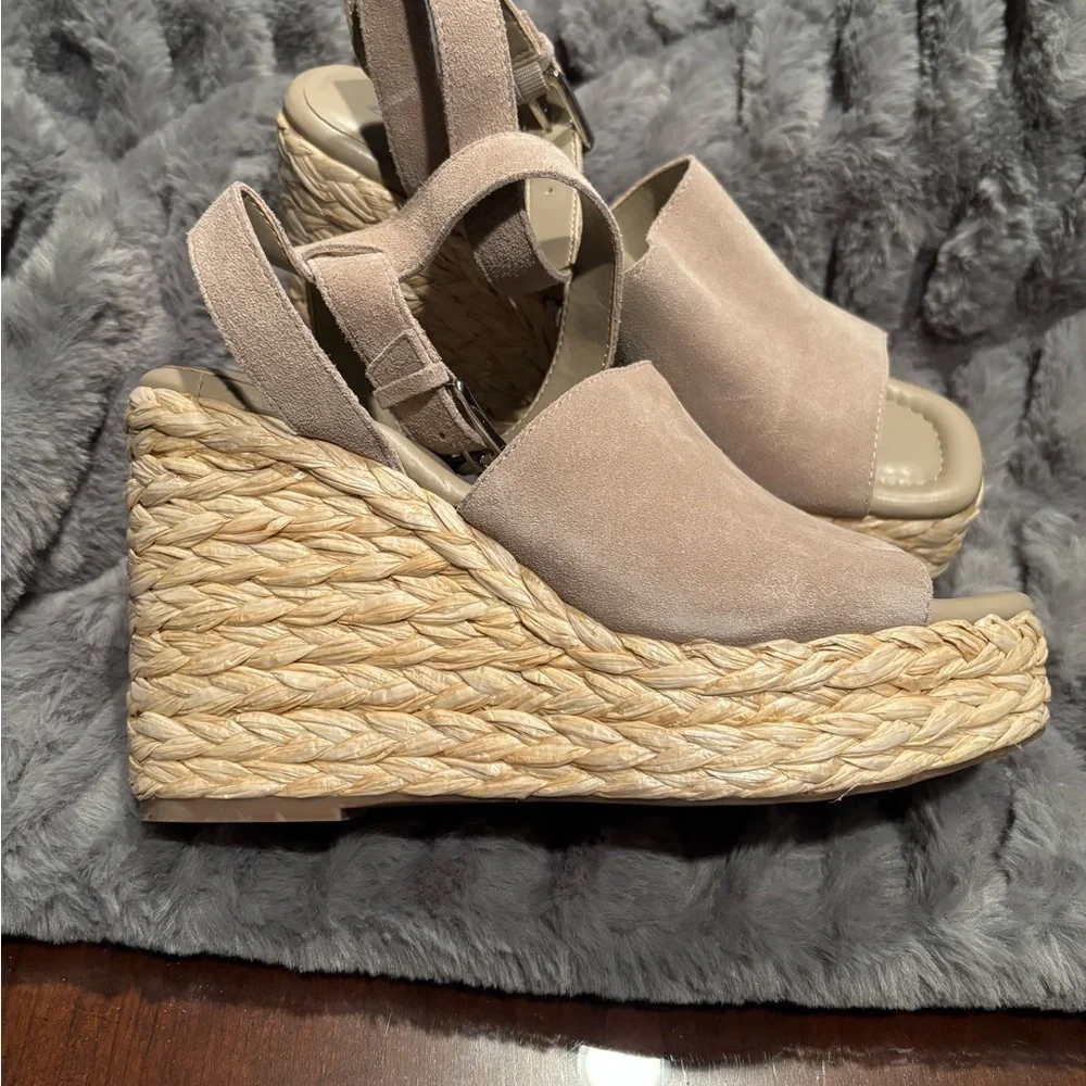 Marc Fisher Suede Taupe Sandals with ankle strap and rafia wedge